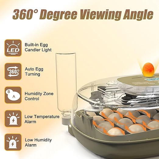 Incubators for Hatching Eggs, 24 Egg Incubator with Automatic Turning and Humidity Control, 360° View Incubadora De Huevos De Gallina, Egg Candler, Incubator for Chicken Eggs, Ducks, Goose, Quail