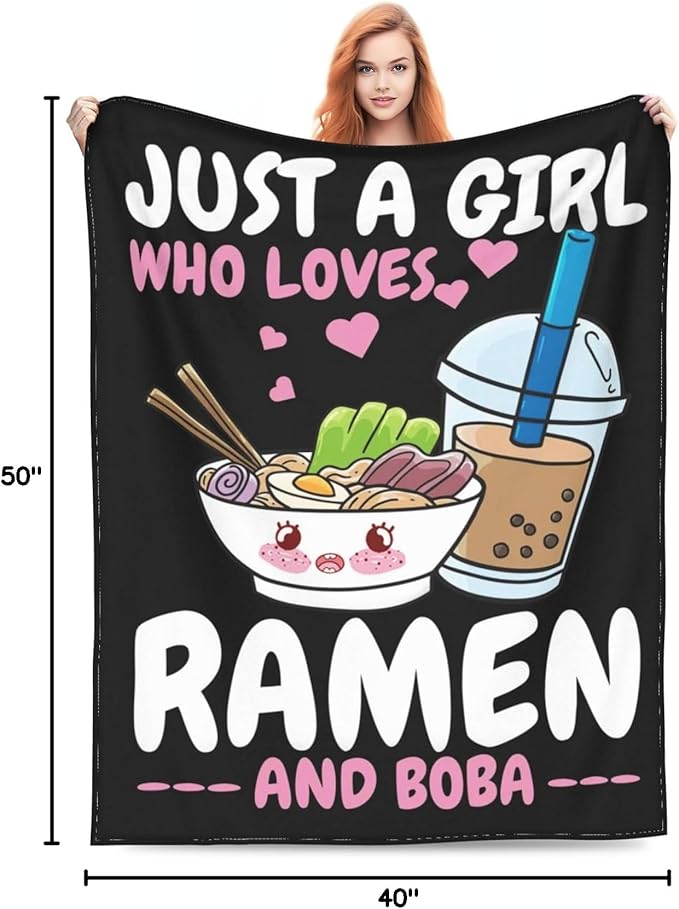 Ramen Blanket Just A Girl Who Loves Ramen and Boba Throw Blanket Super Warm Soft Plush Lightweight Fleece Flannel Ramen Noodles Blanket Gifts for Girls Baby Kids Women for Sofa Couch Bedding 40"X50"
