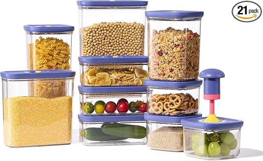 CAROTE Food Storage Containers with Lids, 21 PCS Air Tight Plastic Food Containers with Date Tracking Dial, BPA Free Durable Canisters Sets for the Kitchen/Pantry/Dry Food/Cereal/Suger, Blue