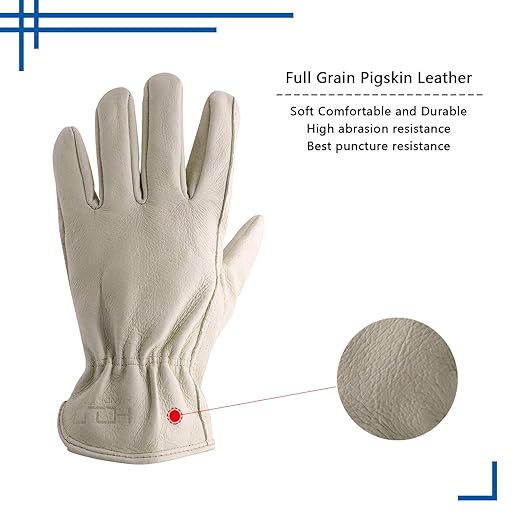 HLDD HANDLANDY 2 Pairs Pigskin Leather Work Gloves for Men & Women, Reinforced Palm, Soft & Breathable Design for Driving, Construction, Welding, Chainsaw, Farm, Gardening, Yardwork