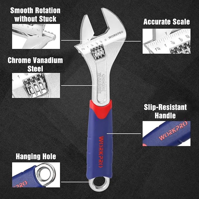 WORKPRO 3-piece Adjustable Wrench Set CR-V with Rubberized Anti-Slip Grips 10-inch, 8-inch, 6-inch