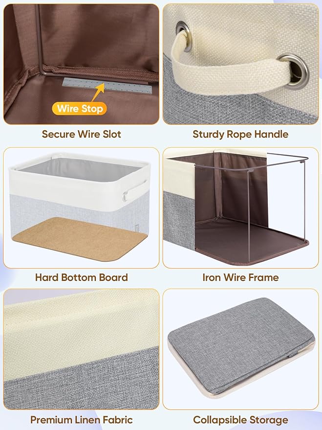 BALEINE 3 Pack Fabric Storage Bins for Shelves, Linen Storage Baskets for Organizing, Decorative Closet Bins for Clothes, Home (Grey, 17''x13''x10.5'')