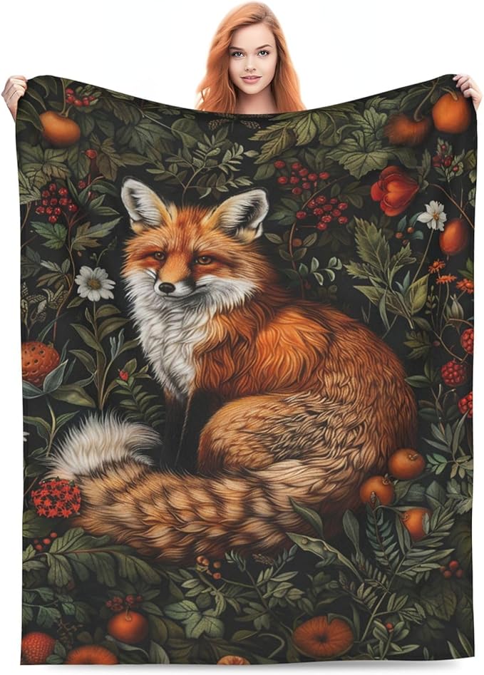 Fox Blanket Vintage Forest Fox Decor Throw Blanket Comfy Plush Flannel Fleece Warm Soft Fluffy Fuzzy Winter Blanket Fox Lover Gifts for Girls Boys Women Teens Adults for Bed Sofa Couch 50"X60"