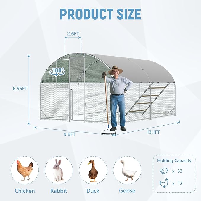 Large Metal Chicken Coop,10x13x6.5FT Chicken Run for Yard with Feeding Door, Round Top Walk-in Chicken Pen,Outdoor Poultry Cage with Anti-UV Cover,Duck Rabbit House