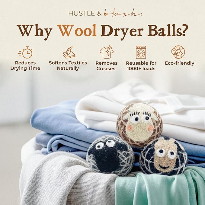Hustle & Blush Fluff Ewes Wool Dryer Balls 3 Pack - XL Darks Premium New Zealand Laundry Set, Reduces Drying Time, Static Control, Chemical Free, Ideal Holiday Gifts for Women & Men