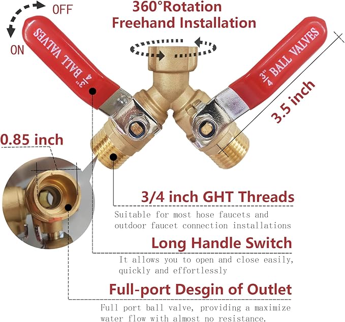 Garden Hose Splitter 2 Way,Brass Water Hose Splitter with Stainless Steel Long Handle,Outdoor Full Flow Hose Splitter Connector,Y Valve 3/4 Inch GHT Thread (Splitter 2-Way (2 pce))