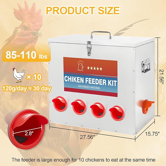Automatic Chicken Feeder Large Capacity 85lbs Metal Chicken Feeder with Latch & Handle for Chickens, Geese, Ducks, Turkeys, Quails, Weatherproof (10-Port)
