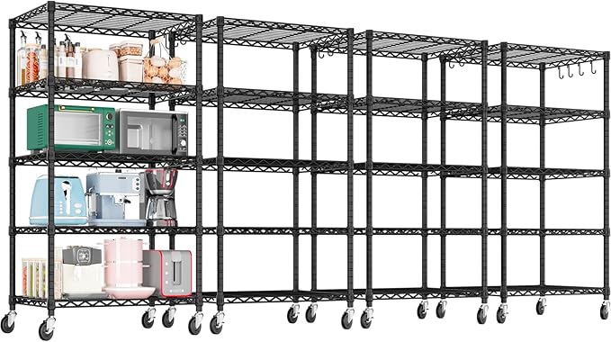 PrimeZone Wire Shelving Unit with Wheels, 5 Tier Adjustable NSF Certified Heavy Duty Metal Storage Shelves, Pantry Organizer Rack Rolling Kitchen Shelf for Closet, 24" W x 18" D x 75" H, Black, 4 PCS