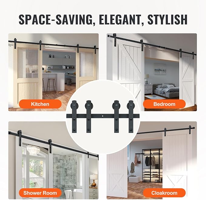 VEVOR 8FT Double Door Sliding Hardware Set, Supports up to 330LBS, Compatible with 3.7-4.3FT Width & 1.3"-1.8" Thickness Door Panels, Includes Quiet I-Shaped Rollers