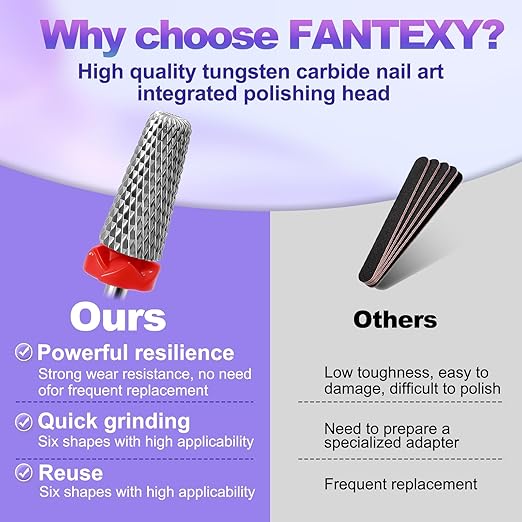 Fantexy 3/32" Carbide Nail Drill Bit - Remove Acrylic Hard Gels Quickly and Safely, 5-in-1 Tungsten Carbide Nail Drill Bit for Nail Art,Manicure,Pedicure,Gel,Cuticle Clean(Fine - F)