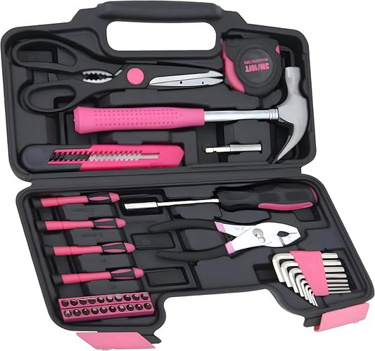 39-Piece Household Tools Kit - Portable and Essential Repair Set Ideal for Women, College Students, Home Use & More (39p-Pink)