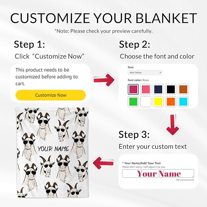Custom Goat Blanket for Girls - 50x60 Inches Throw Size with Name - Soft Fuzzy Plush Throws Gift - White Funny Blanket for Bed, Couch, Sofa
