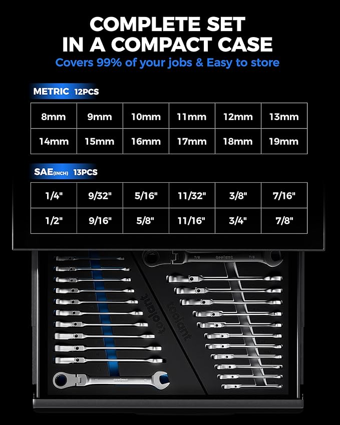 toolant 24pcs Ratcheting Wrench Set, Flex-Head Ratchet Combination Wrench Sets with Switch Design, 8-19mm & 1/4"-7/8", 90-Tooth and 4°Swing, 24PCS with Storage Tray