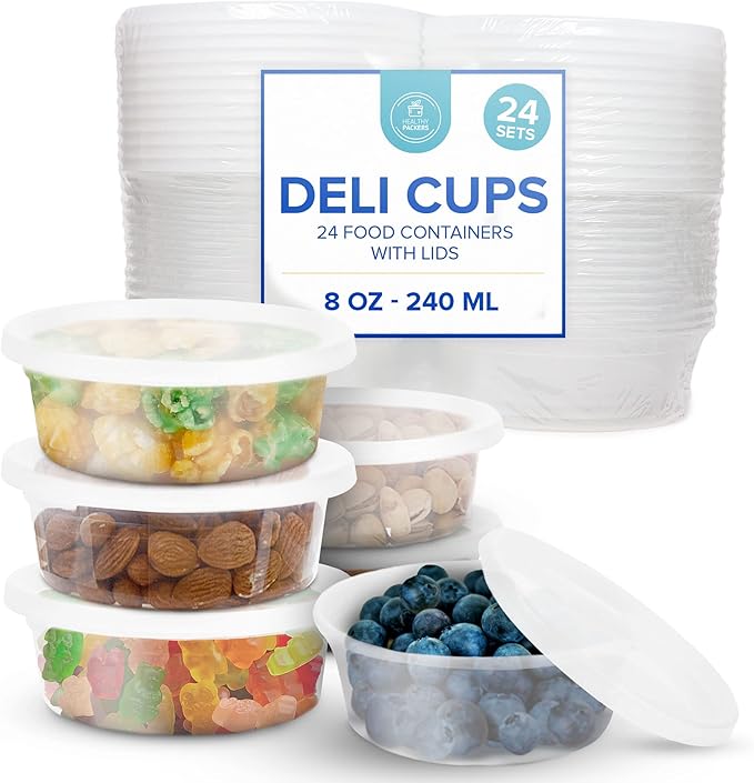 Healthy Packers Food Storage Containers with Airtight Lids (8 oz, 24 Pack) - Clear Plastic Food Storage Jars - Great for Your Slime Kit - BPA Free| Leakproof - Microwaveable - Reusable & Freezer Safe