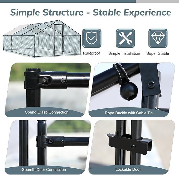 VINGLI Chicken Coop, Large Metal Poultry Cage for Chicken Run, Walk-in Chicken Pen with Waterproof & Anti-UV Cover Outdoor (Black-Spire Roof, 19.7 * 9.8 * 6.5 ft)