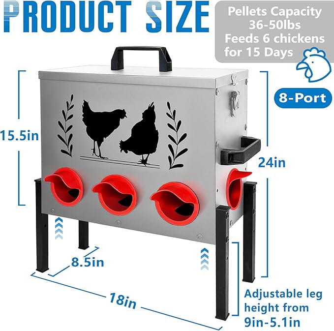 Chicken Feeders, 50 lb Capacity 8 Port Automatic Chicken Feeder, Metal Chick Feeders with Locking Lid and Legs, Chicken Feeder for Chickens, Ducks, Geese，Silver