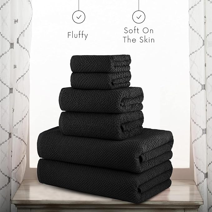 CASA COPENHAGEN Popcorn Textured 6 Piece Towel Set- Black, 550 GSM 2 Bath Towel 2 Hand Towel 2 Washcloth, Rough & Tough Use Cotton Towels Gift Set for Bathroom