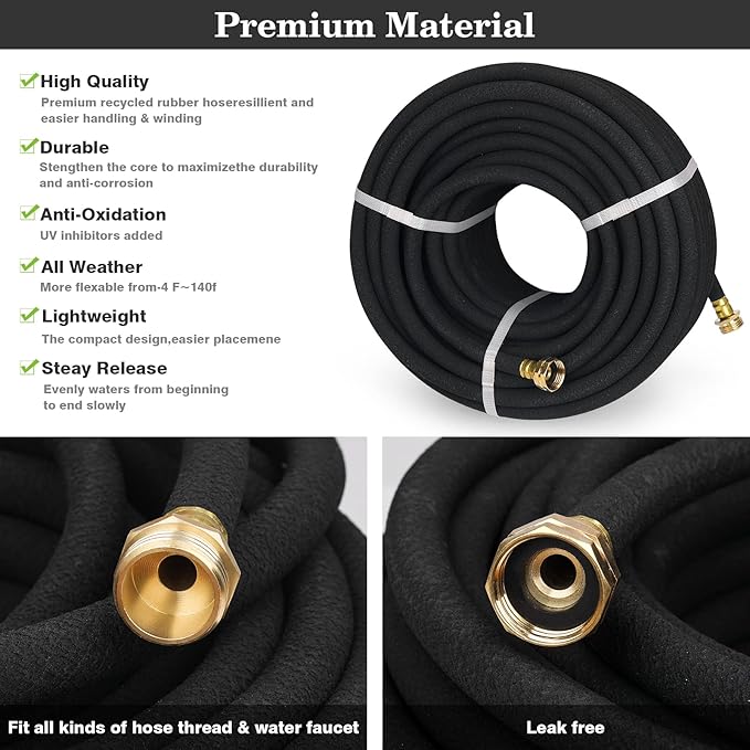 1/2" Soaker Hose for Garden Drip Hose Irrigation System with Solid Brass Fitting for Lawns Flower Beds & Vegetable Gardens (25FT)