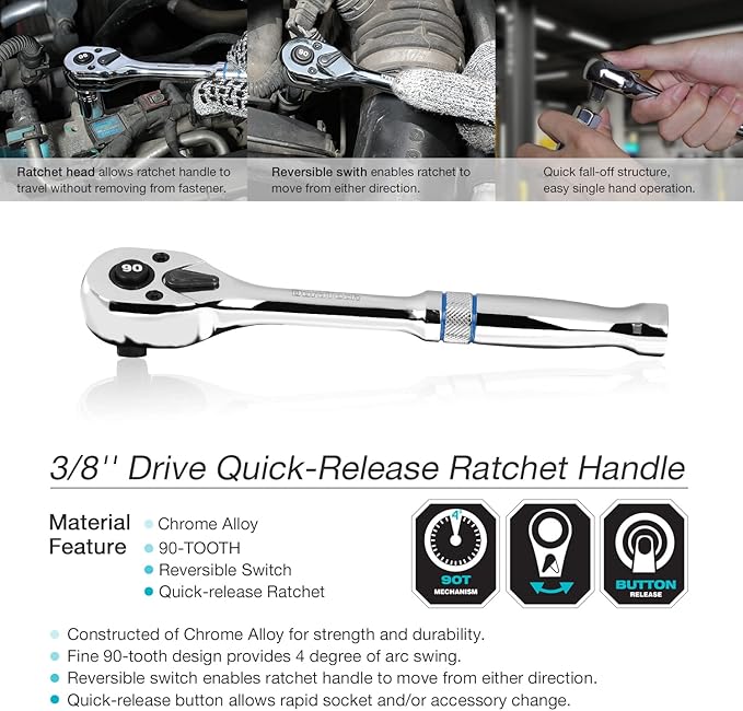 DURATECH 3/8-Inch Drive Ratchet, 90-Tooth Quick-release Ratchet Wrench, Reversible, Chrome Alloy Made, Full Polished, Stocking Stuffers for Men Women Gifts for Men Gifts for Women Gifts for Dad