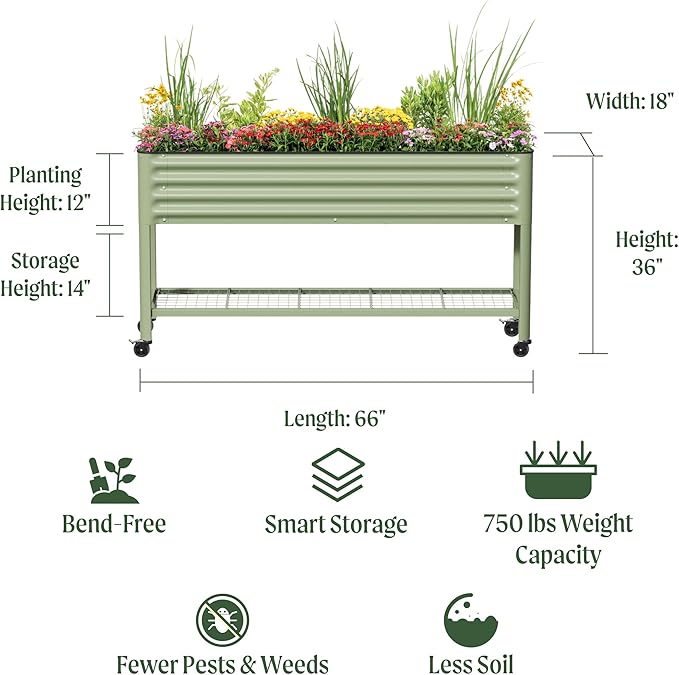 Rolling Elevated Raised Garden Bed - Slim Series, 1.5' x 5.5' Outdoor Planters Boxes with Legs & Storage Rack for Patio, 750 Lbs Weight Capacity, Raised Beds for Gardening Herbs Flowers, Modern Gray