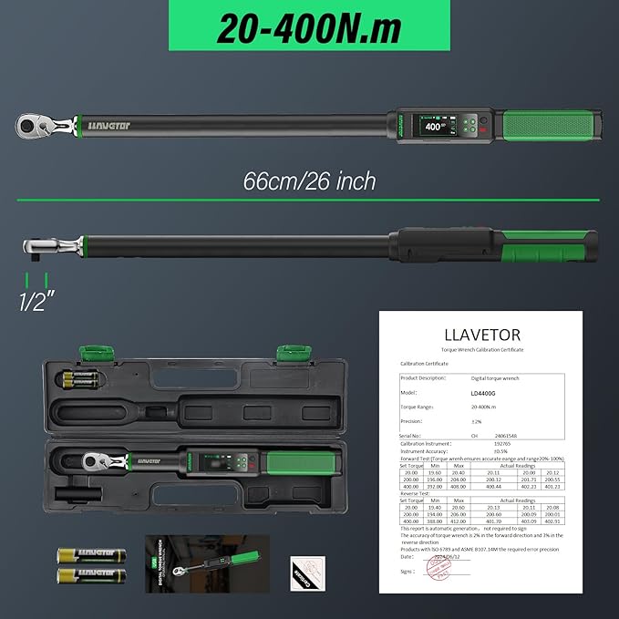 Digital Torque Wrench 1/2, 15-295 Ft-lbs/20-400N.m, ±2％ Torque Wrench with Buzzer & LED Indicator for Automotive Motorcycle & Bicycle