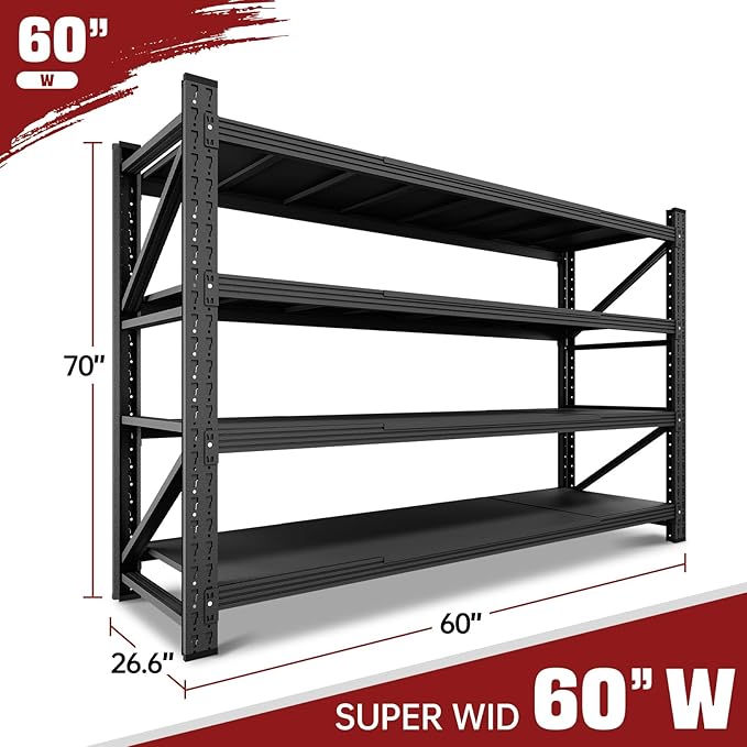 5000LBS Storage Shelves,60" W Garage Shelving Heavy Duty Metal Adjustable Garage Shelves, Shelving Units Industrial Shelving for Warehouse,60" W x 24" D x 70" H,Black