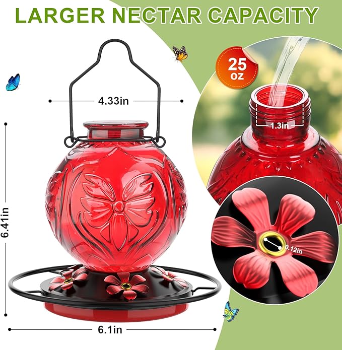 Glass Hummingbird Feeder for Outdoors Hanging, 25Oz Humming Bird Nectar Feeders with Perch & 5 Flower Feeding Ports, Leak Proof for Outside Garden Decor, Gifts for Women (Red)