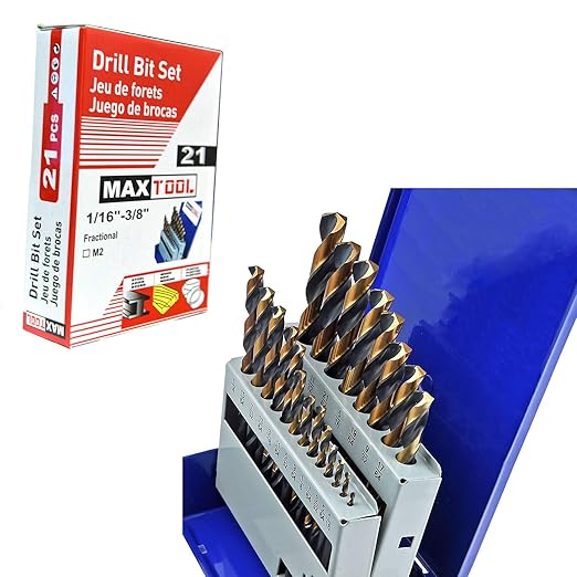 MaxTool Twist Drill Bit Set 21PCs High Speed Steel M2 Jobber Length Fully Ground for Metal Stainless Steel Plastic etc 1/16“ to 3/8”; JBS02H10R021