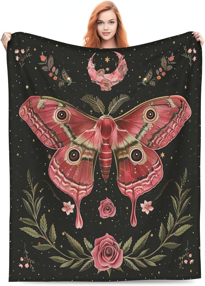 Moth Moon Rose Blanket Witchy Vintage Butterfly Decor Throw Blanket Comfy Plush Flannel Fleece Warm Soft Fluffy Fuzzy Blanket Gothic Gifts for Girls Boys Women Teens for Room Bed Sofa Couch 50"X60"