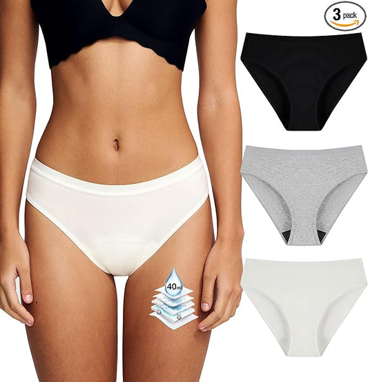Battewa Leak Proof Underwear for Women Incontinence Underwear Teens Ladies Cotton Leakproof Panties Bikini Absorbent 40ml,3Pack (3Color,Small)