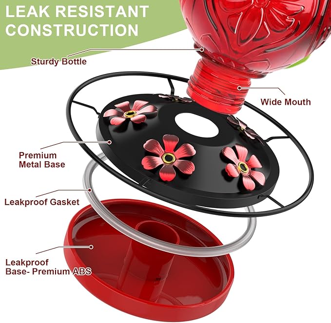 Glass Hummingbird Feeder for Outdoors Hanging, 25Oz Humming Bird Nectar Feeders with Perch & 5 Flower Feeding Ports, Leak Proof for Outside Garden Decor, Gifts for Women (Red)