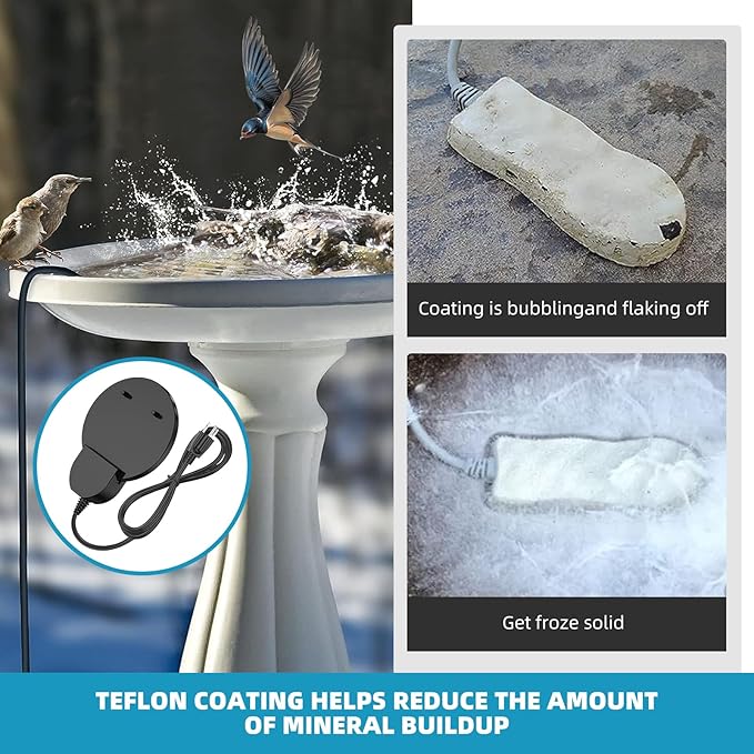 500W De-Icer Birdbath Heater with Black Teflon Coating, Integral Cast Aluminum Trough Heater for Livestock,Poultry, Birds, and Wildlife, Winter Use for Chicken Water Heater,9.84FT Cord