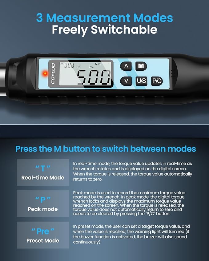 3/4-Inch Heavy Duty Digital Torque Wrench 11~369 ft-lb/15~500Nm, for Heavy Machinery, Construction Equipment & Industrial Assembly, with ±2% Accuracy, Vibration, Buzzer and LED Flash Notification