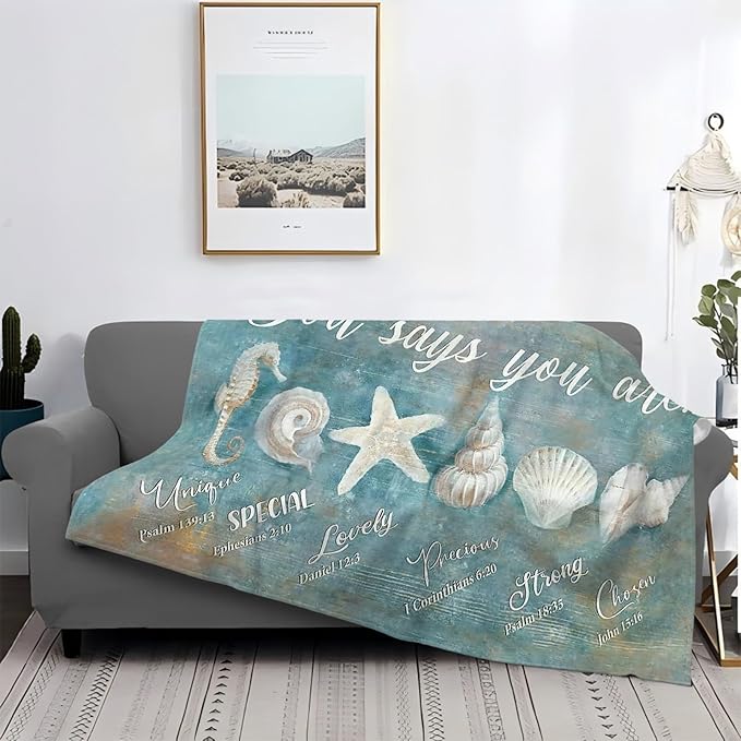 Tijuboni Ocean Seashells Throw Blanket - God Says You are - Beach Nautical Gifts for Women Men Girls Boys Kids Adults Soft Flannel Fleece Blanket for Couch Sofa Bed Home Decor 40"x50"