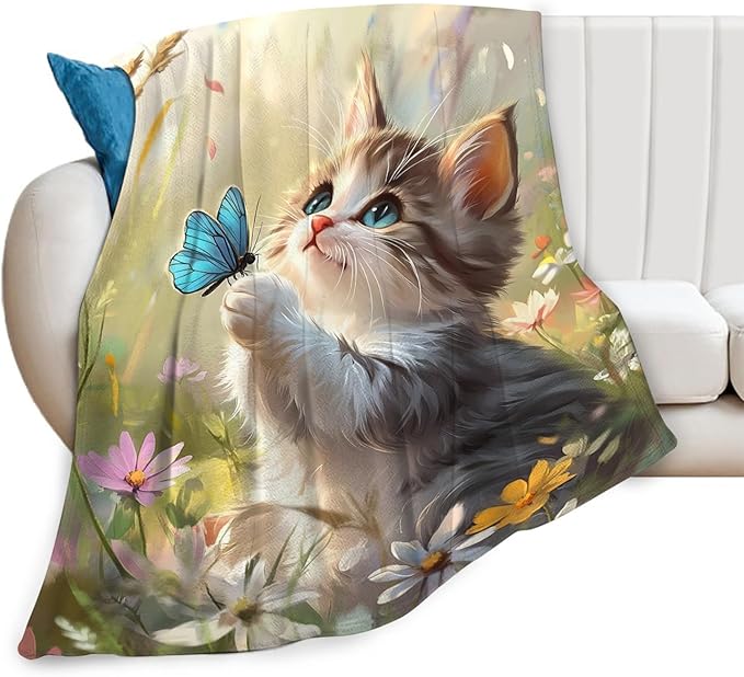 Cat Blanket Gifts for Girls Boys Blue Butterfly Throw Blankets Cozy Plush Cute Flower Fleece Lightweight Flannel Fuzzy 60"X50"