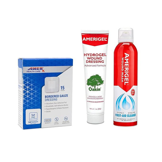 AMERIGEL Total First Aid Bundle (1 oz. Hydrogel Wound Dressing, 7.1 oz. Saline Wound Wash, Bordered Gauze Dressing)