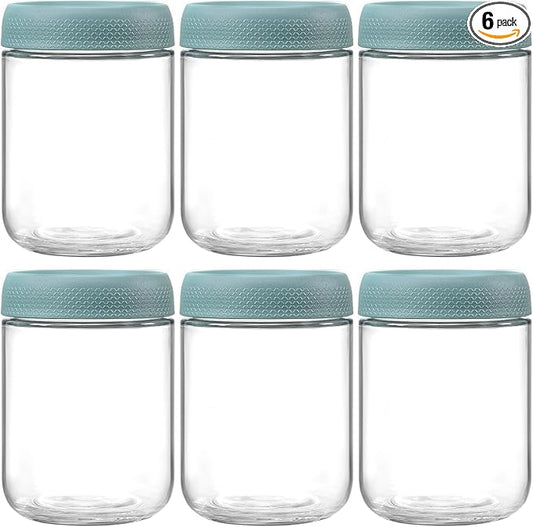 NETANY 6-pack 16oz Glass jars with Airtight Lids, Overnight Oats Containers with Lids, Wide mouth Mason Salad jars, Glass Food Storage Containers for Snacks Yogurt Spice Sugar - Green