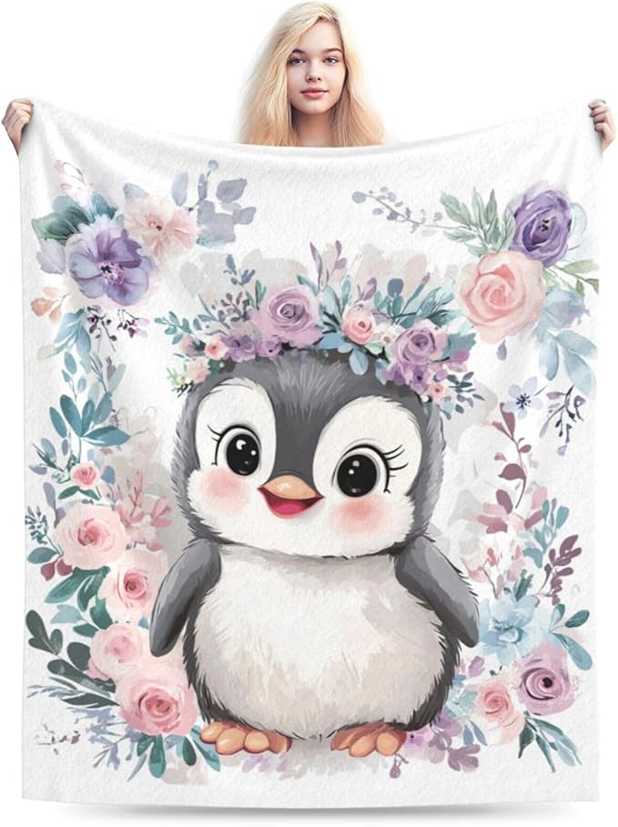 Cute Penguin Blanket Soft Warm Kawaii Penguin Plush Throw Blanket Cozy Lightweight Flannel Fleece Bedding Stuff Animal Decor Blanket Gifts for Lover Girls Boys Kids Teens Adults Women 40"x50"
