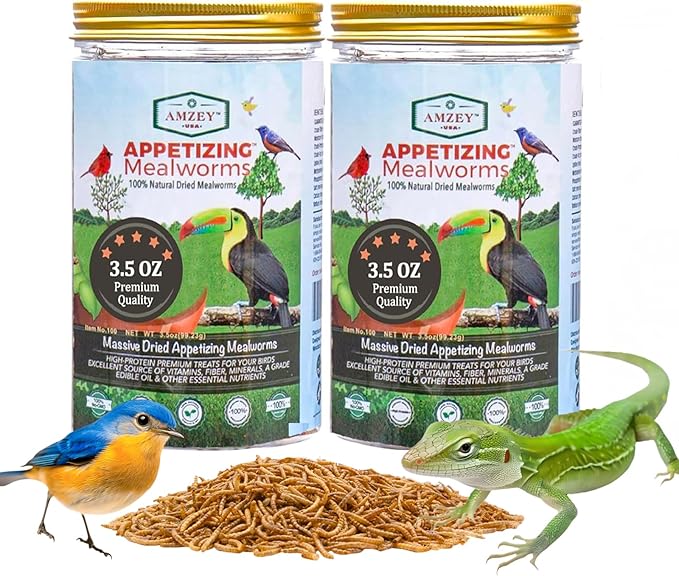 Amzey Dried Mealworms- 3.5 oz(2 Pack)- High Protein Non GMO Mealworms - Great for Turtle Food, Bird Food, Cockatiel Food, Lizard Food, Snake Food, Iguana Food, Sulcata Tortoise Diet- 3.5oz (2 Pack)