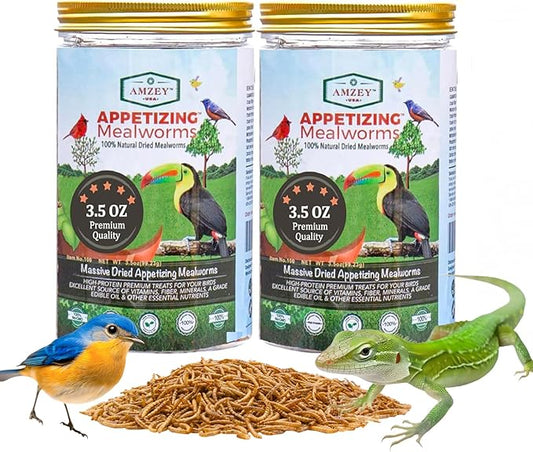 Amzey Dried Mealworms- 3.5 oz(2 Pack)- High Protein Non GMO Mealworms - Great for Turtle Food, Bird Food, Cockatiel Food, Lizard Food, Snake Food, Iguana Food, Sulcata Tortoise Diet- 3.5oz (2 Pack)