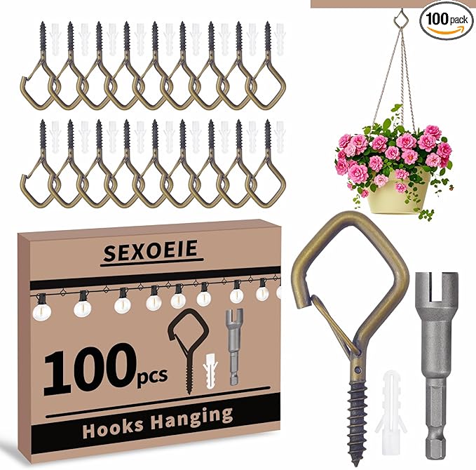 100 PCS Bronze Eye Screw Hooks for Hanging Heavy Duty with Safety Buckle.Metal Ceiling Hooks for Hanging Plants Cup Wind Chime Bird Feeders Patio Lights at Indoor&Outdoor