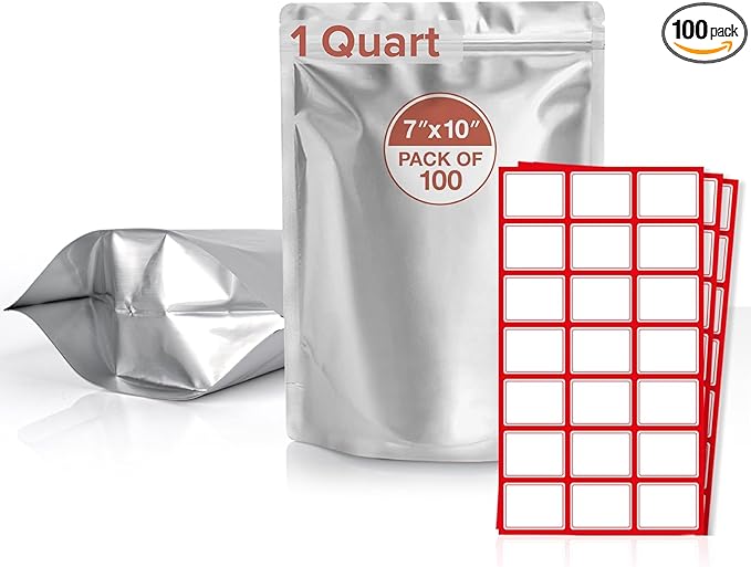 BELLE KR® 1 Quart Mylar Bags for Food Storage - Pack Of 100 - Extra Thick 10 Mil - 7"x10" Resealable Stand Up Mylar Ziplock Bags with Label Stickers
