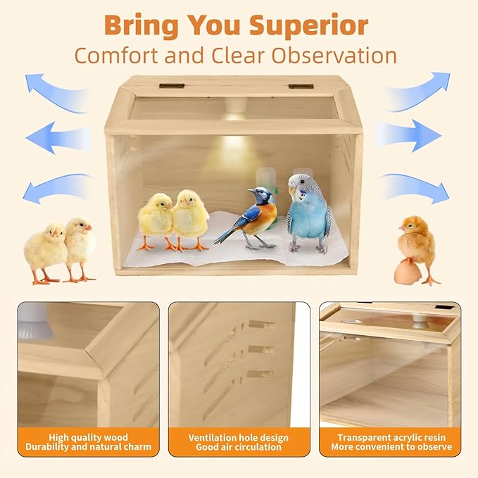 15.74 x 11.81 x 11.81” Chick Brooder Box with Heating Lamp, Poultry Brooder with Heaters, Wooden Brooder Box for Baby Chicks, Ducks, Quail and Birds
