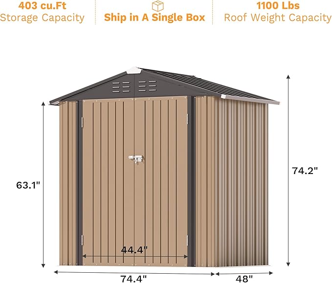 Greesum 6x4FT Outdoor Storage Shed, Utility Tool Shed Metal Storage Garden Shed with Door & Lock for Patio Storage, Brown