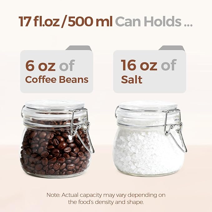 ComSaf Airtight Glass Jars with Lids 17oz Small Food Storage Container Set of 6 - Airtight Canister with Clear Preserving Seal Wire Clip Fastening for Kitchen Canning Pickling Mason jars