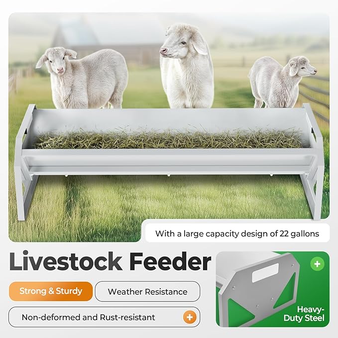 Livestock Feeding Trough 22 Gallon Capacity 45" Hay Feeder Heavy Duty Livestock Trough for Horse Sheep Cattle Hog V-Shaped Farm Sheds Pen Water Feeder Trough Powder Coated Silvery Steel