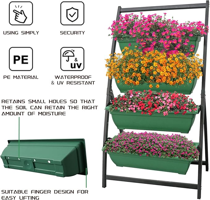 Vertical Raised Garden Bed, Freestanding Elevated Planter with Drain Holes, 4 Tier Planter Box Container Gardening Outdoor Indoor Gift for Flowers Vegetable Seeds Patio Balcony Greenhouse, Green