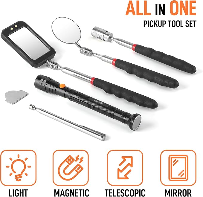 RAK Magnetic Pickup Tool Set Gifts for Men - 5Pcs with 360 Swivel Inspection Mirrors, Telescoping Magnet Pickup Tool, Flexible LED Flashlight, Mechanic Tools & Cool Gadgets for Men, Dad, Husband
