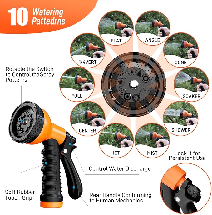 Garden Hose 25FT Stainless Steel Water Hose with 10 Functions Adjustable Spray Nozzle, Heavy-Duty Metal Garden Hose Flexible Durable No-Tangle & Kink Leak Dog Proof Hose for Yard Lawn(Orange)