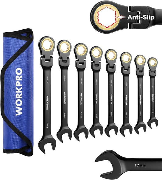 WORKPRO Ratcheting Combination Wrench Set, 8-piece Flex-Head Anti-Slip Set Metric 8-17 mm, 72-Teeth, Cr-V Constructed, Black Electrophoretic Coating with Rolling Pouch